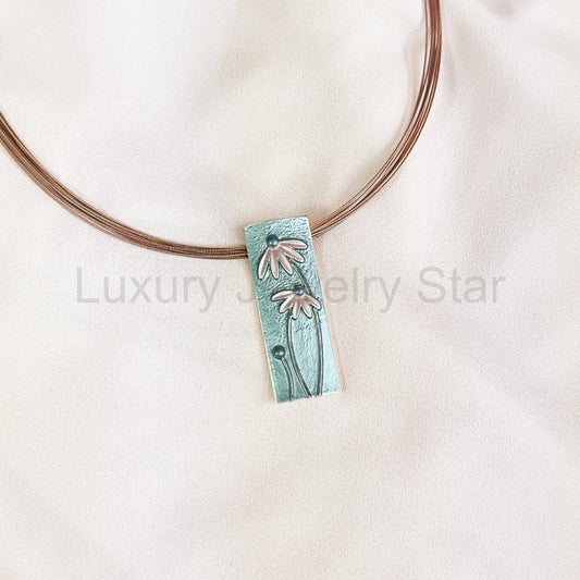 Boho Flower Portrait Necklace, Rose Gold Necklace, Bohemian Chic Pink and Blue Floral Statement