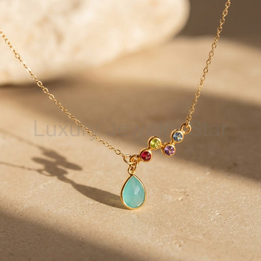 Custom Birthstone Necklace for Mom, Zigzag Family Necklace with Kids Birthstones and Teardrop