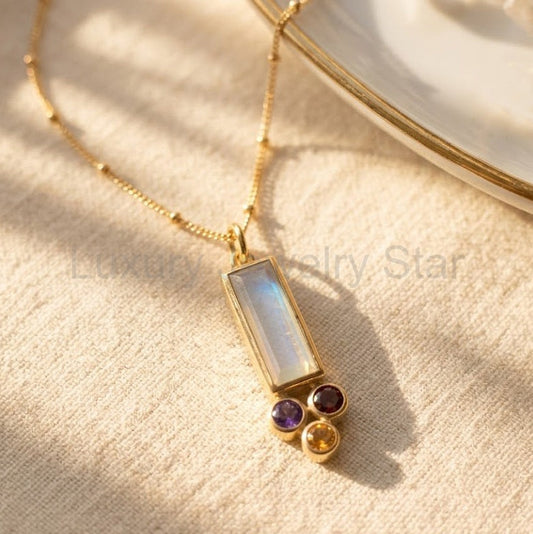 Custom Mother’s Birthstone Necklace, Baguette Cluster Bar Family Necklace in Gold or Sterling