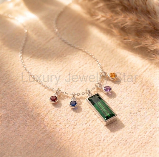 Custom Mother’s Birthstone Necklace, Baguette Dangling Stones and Bar Family Necklace in Gold or