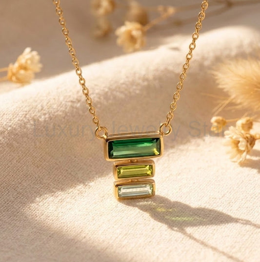 Custom Mother’s Birthstone Necklace, Baguette Drop Bar Family Necklace in Gold or Sterling Silver