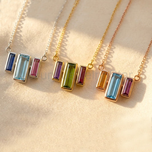 Custom Mother’s Birthstone Necklace, Baguette Family Necklace in Gold or Sterling Silver, Elegant