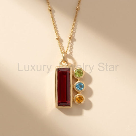 Custom Mother’s Birthstone Necklace, Baguette Vertical Bar Family Necklace in Gold or Sterling