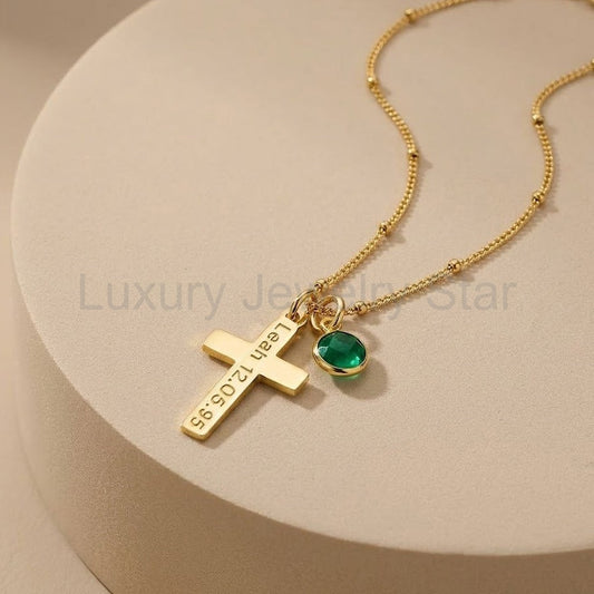 Custom Vertical Cross & Birthstone Pendant Necklace, Sterling Silver or Gold, Dainty Cross Necklace