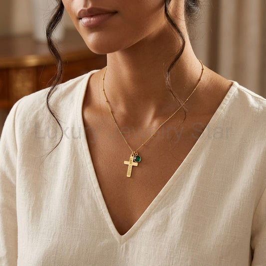 Custom Vertical Cross & Birthstone Pendant Necklace, Sterling Silver or Gold, Dainty Cross - image 2