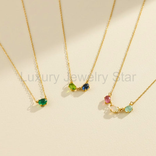 Horizontal Oval Birthstone Necklace, Custom Mom Multi-Stone Family Jewelry Gift with Prong-Set