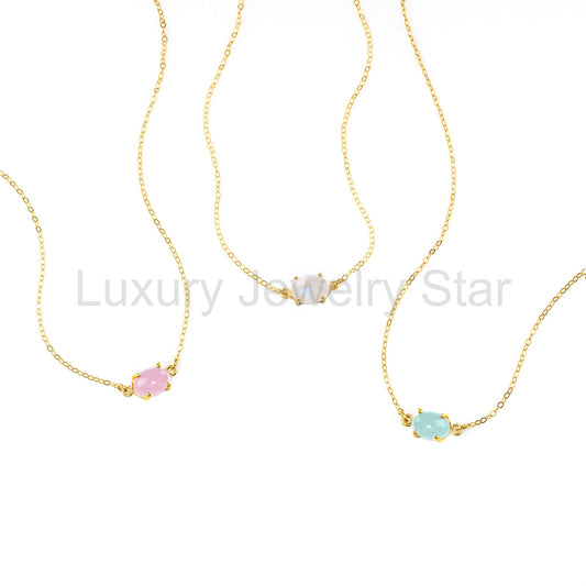 Horizontal Oval Cabochon Prong-Set Birthstone Necklace