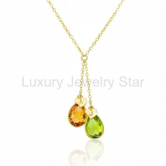 Lariat Birthstone Necklace with Heart Initial Charms, Custom Couples Birthstone Necklace