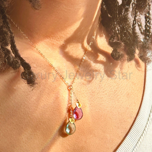 Lariat Birthstone Necklace with Heart Initial Charms, Custom Couples Birthstone Necklace - image 2