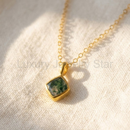 Moss Agate Necklace, 7mm Cushion Cut Natural Stone Pendant in Gold or Sterling Silver