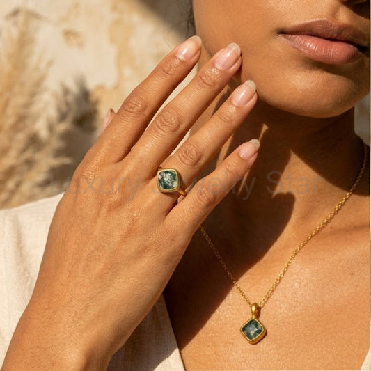 Moss Agate Necklace, 7mm Cushion Cut Natural Stone Pendant in Gold or Sterling Silver - image 2