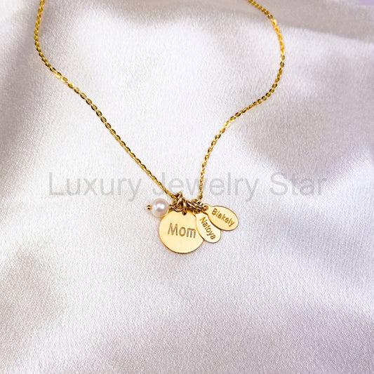 Mother's Disc Necklace with Child's Name Tag & Pearl Charm, Personalized Sterling Silver or Gold