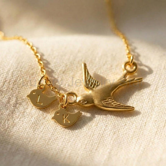 Personalized Mama Bird Necklace with Initial Baby Birds, Custom Family Necklace, Gold or Silver