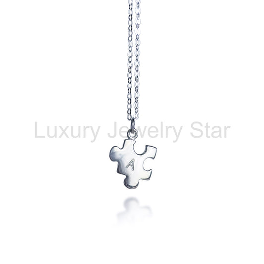 Puzzle Piece Initial Charm Necklace, Sterling Silver or Gold Vermeil Initial Necklace, Subtle Autism