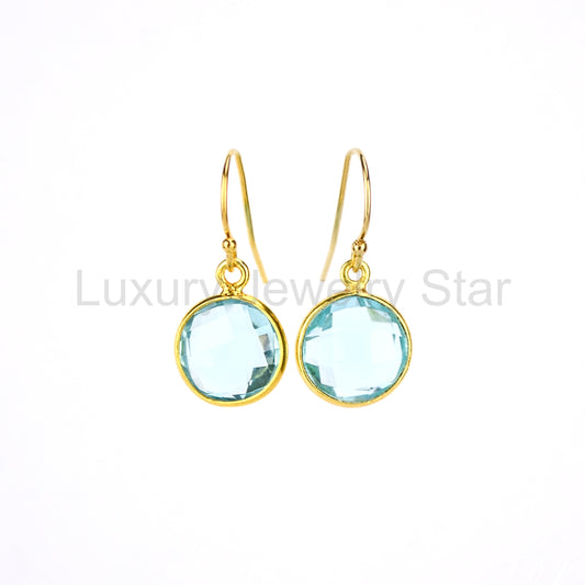 Round Blue Topaz Drop Earrings, Bezel Set Circle Birthstone Dangle Earrings, Sterling Silver, Gold