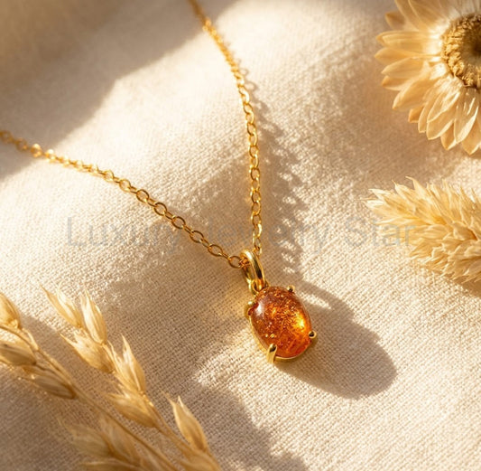 Sunstone Necklace, Oval Cabochon Prong set Pendant in Rose Gold or Sterling Silver