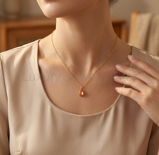 Sunstone Necklace, Oval Cabochon Prong set Pendant in Rose Gold or Sterling Silver - image 2