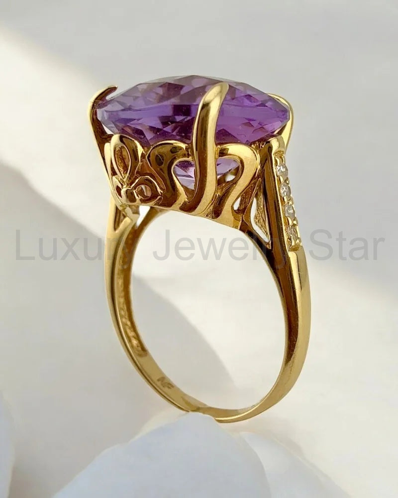 Rare Collector's 14K Gold Amethyst Ring 11ct Cushion Pineapple Facet - image 10