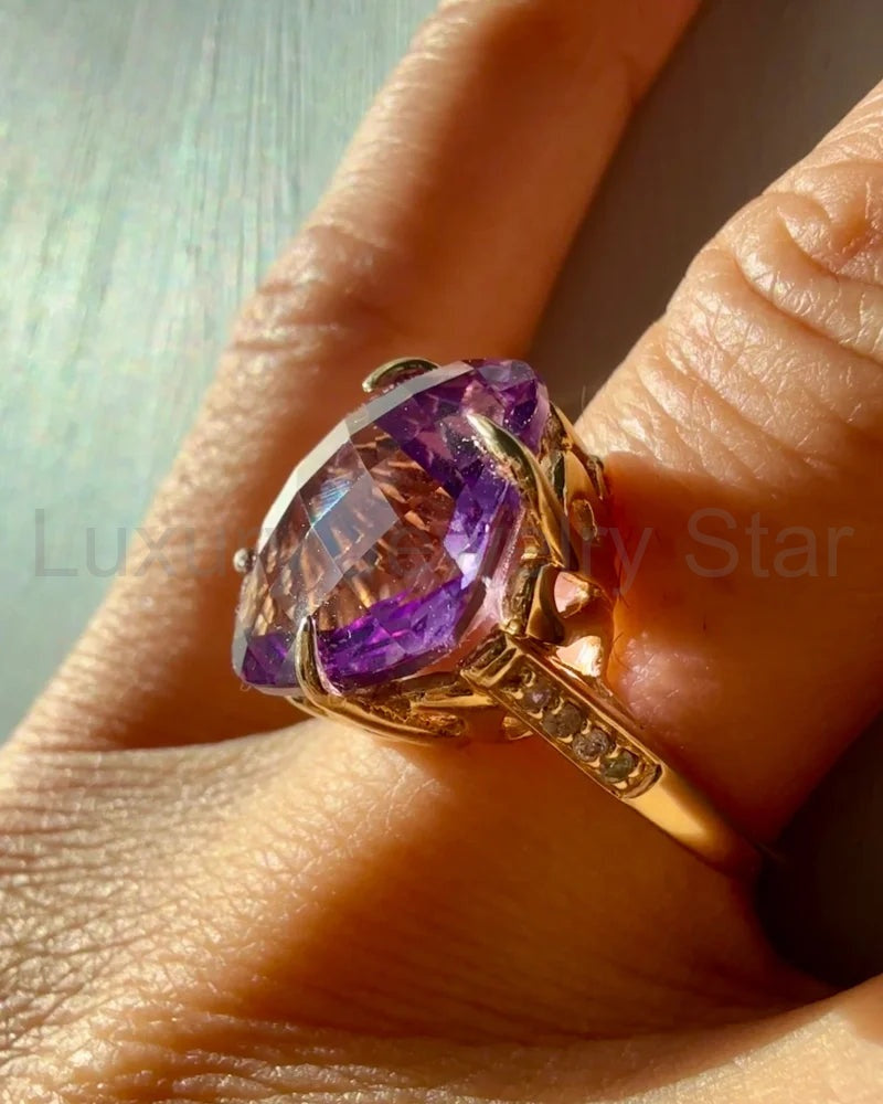 Rare Collector's 14K Gold Amethyst Ring 11ct Cushion Pineapple Facet - image 11