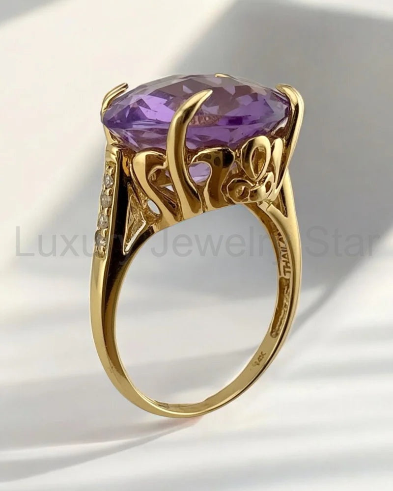 Rare Collector's 14K Gold Amethyst Ring 11ct Cushion Pineapple Facet - image 12