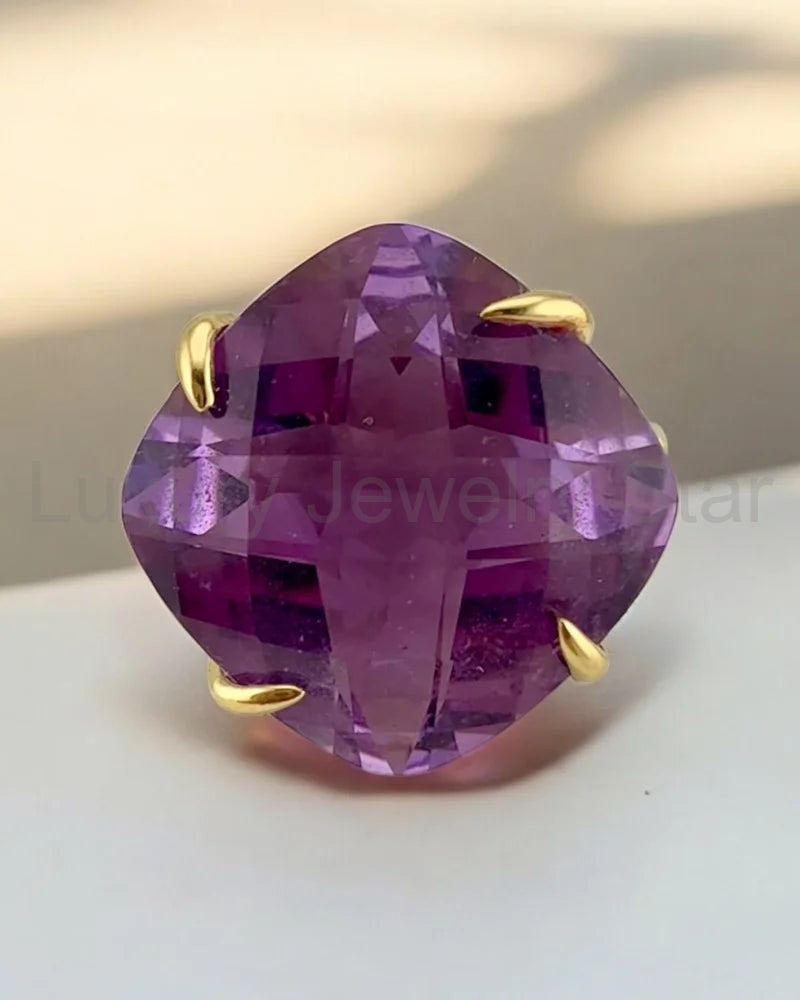 Rare Collector's 14K Gold Amethyst Ring 11ct Cushion Pineapple Facet - image 2