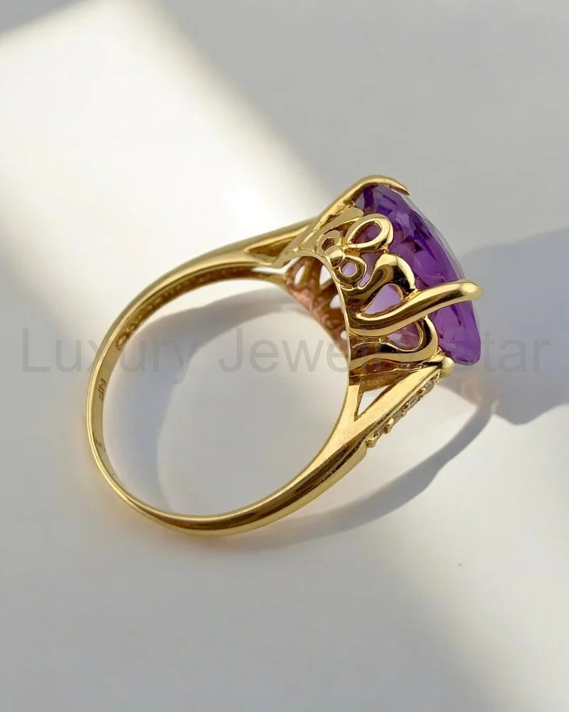 Rare Collector's 14K Gold Amethyst Ring 11ct Cushion Pineapple Facet - image 5