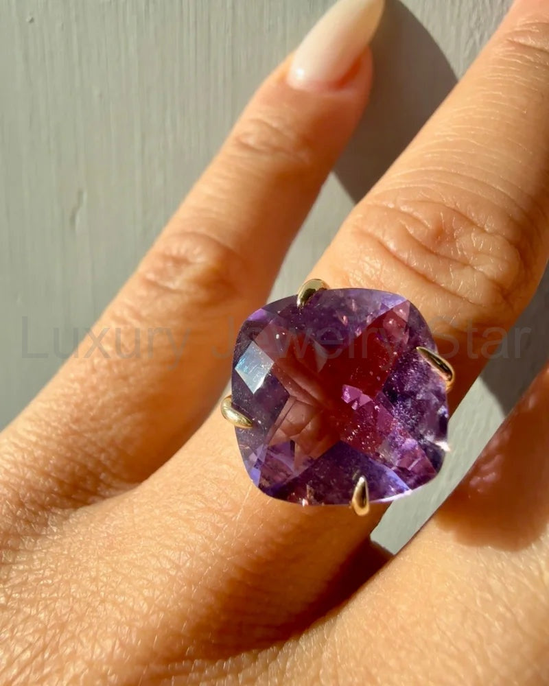 Rare Collector's 14K Gold Amethyst Ring 11ct Cushion Pineapple Facet - image 7
