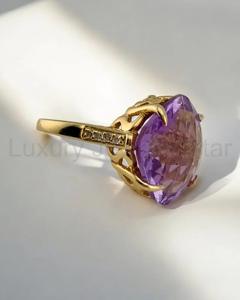 Rare Collector's 14K Gold Amethyst Ring 11ct Cushion Pineapple Facet - image 8