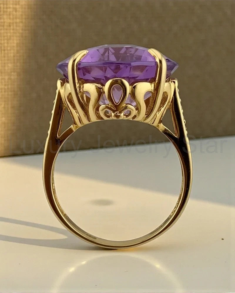 Rare Collector's 14K Gold Amethyst Ring 11ct Cushion Pineapple Facet - image 9