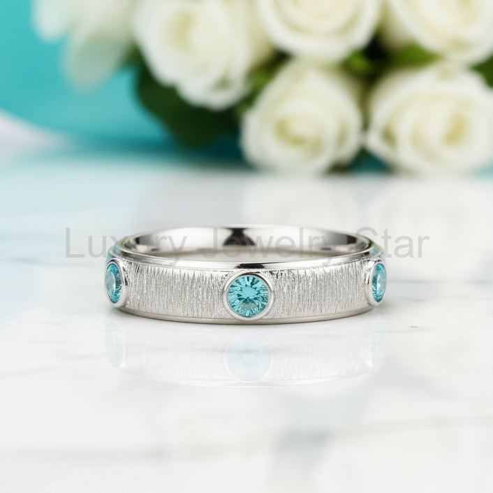 Round Aquamarine Eternity Love Wedding Band