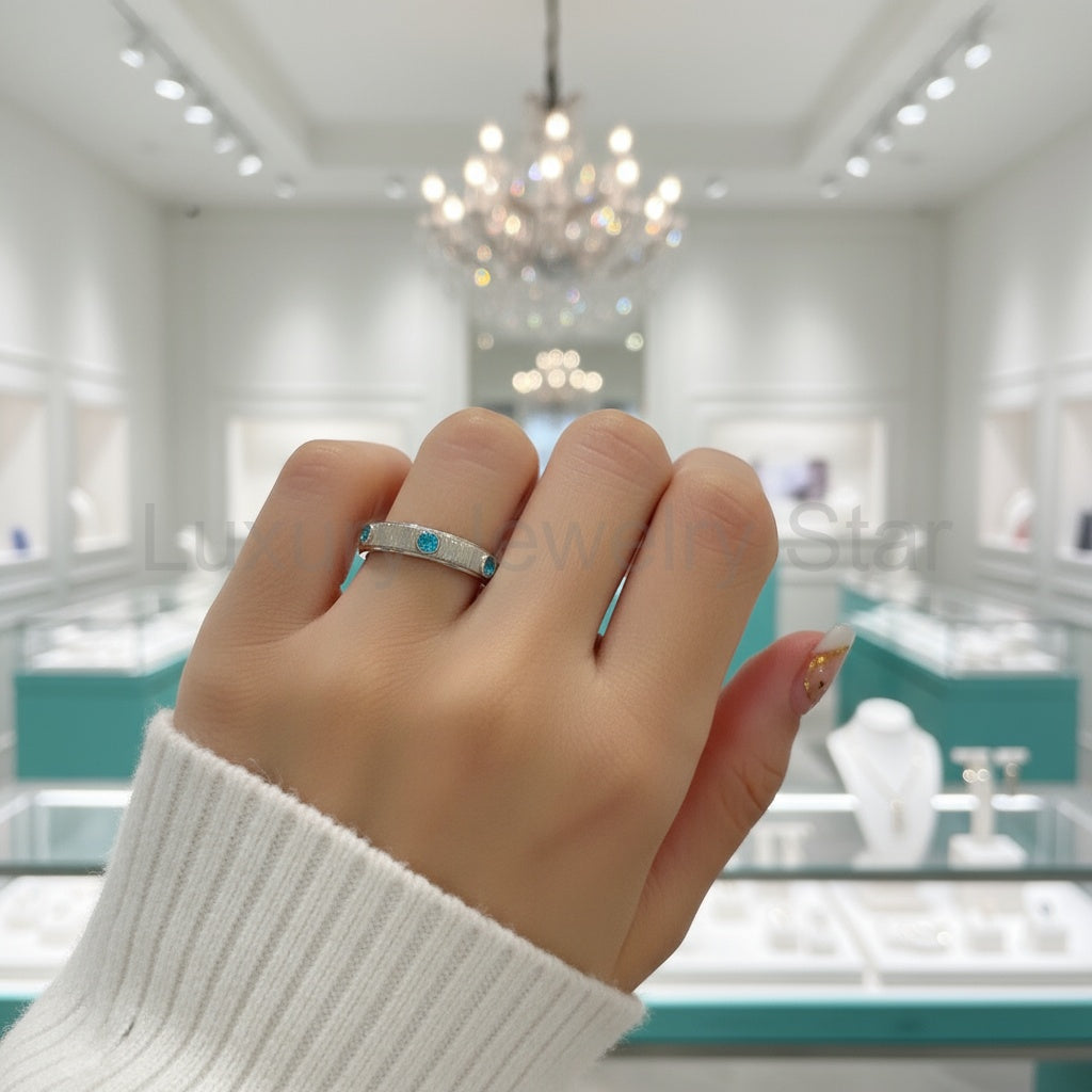 Round Aquamarine Eternity Love Wedding Band - image 5