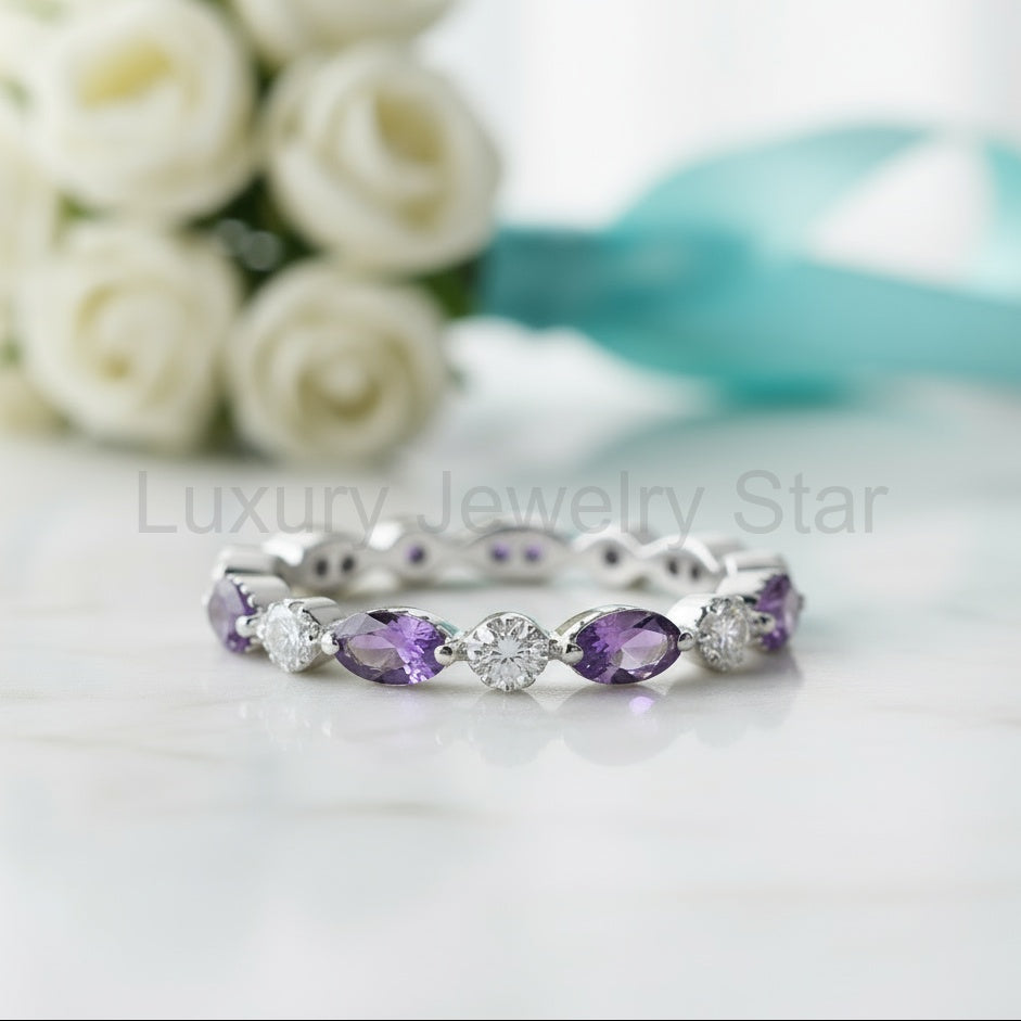 Round Cut Amethyst Antique Milgrain Eternity Band