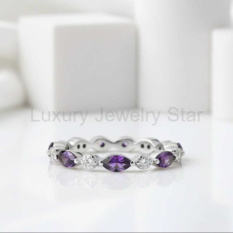Round Cut Amethyst Antique Milgrain Eternity Band - image 3