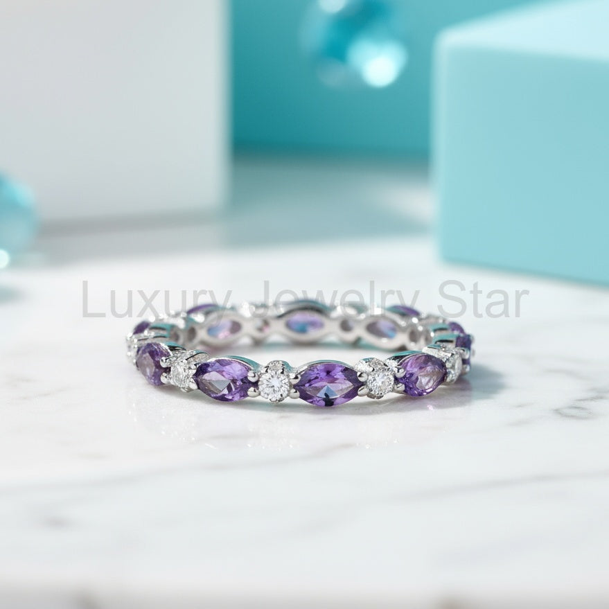 Round Cut Amethyst Antique Milgrain Eternity Band - image 4