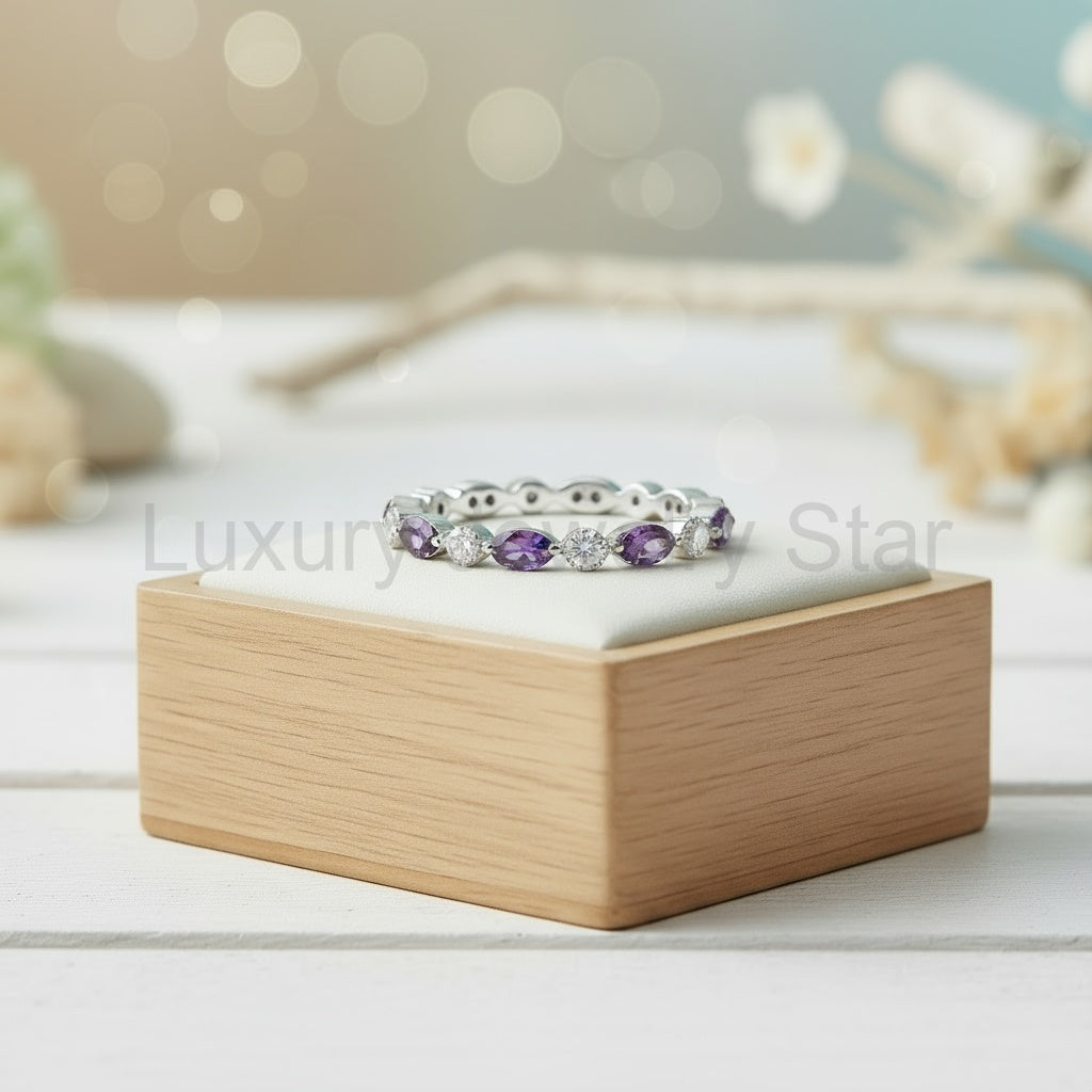 Round Cut Amethyst Antique Milgrain Eternity Band - image 5