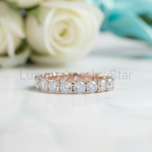 Round Cut Moonstone Full Eternity Rose Gold Stackable Wedding Band