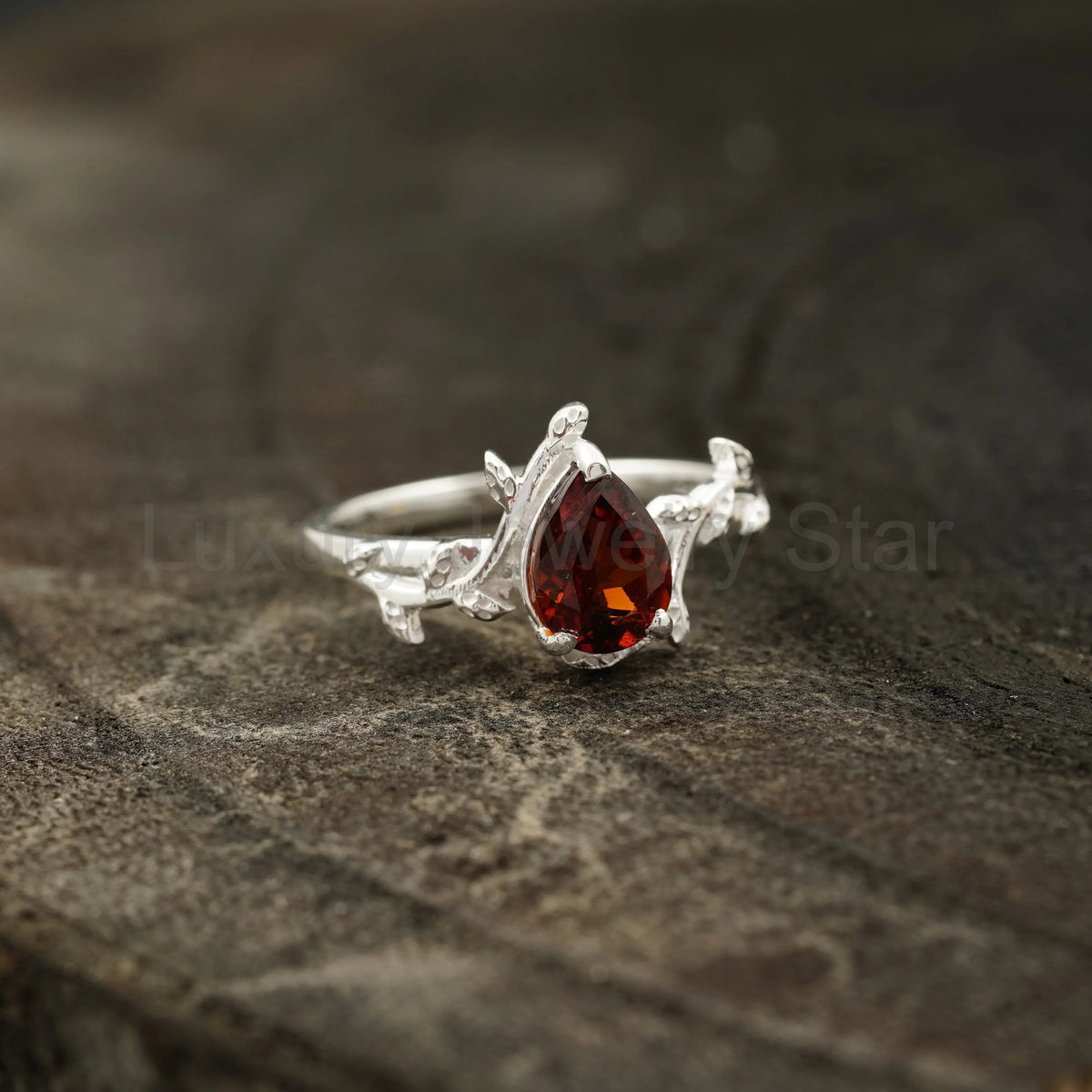 Red Garnet Leaf Engagement Ring - image 2