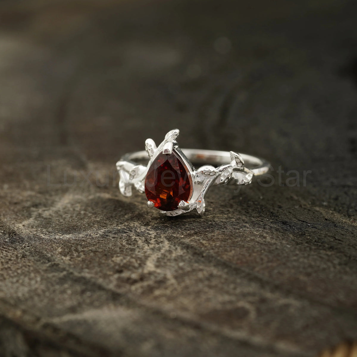 Red Garnet Leaf Engagement Ring - image 3