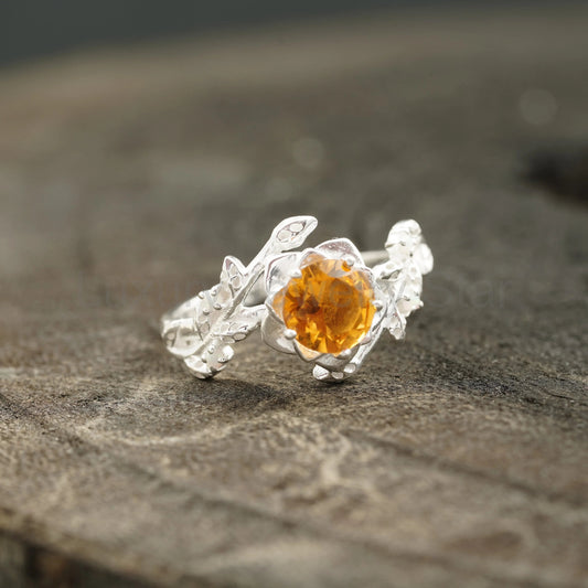Round Citrine Leaf Engagement Ring | Nature-Inspired 925 Silver - image 2