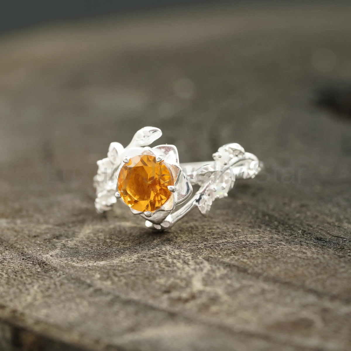 Round Citrine Leaf Engagement Ring | Nature-Inspired 925 Silver - image 3