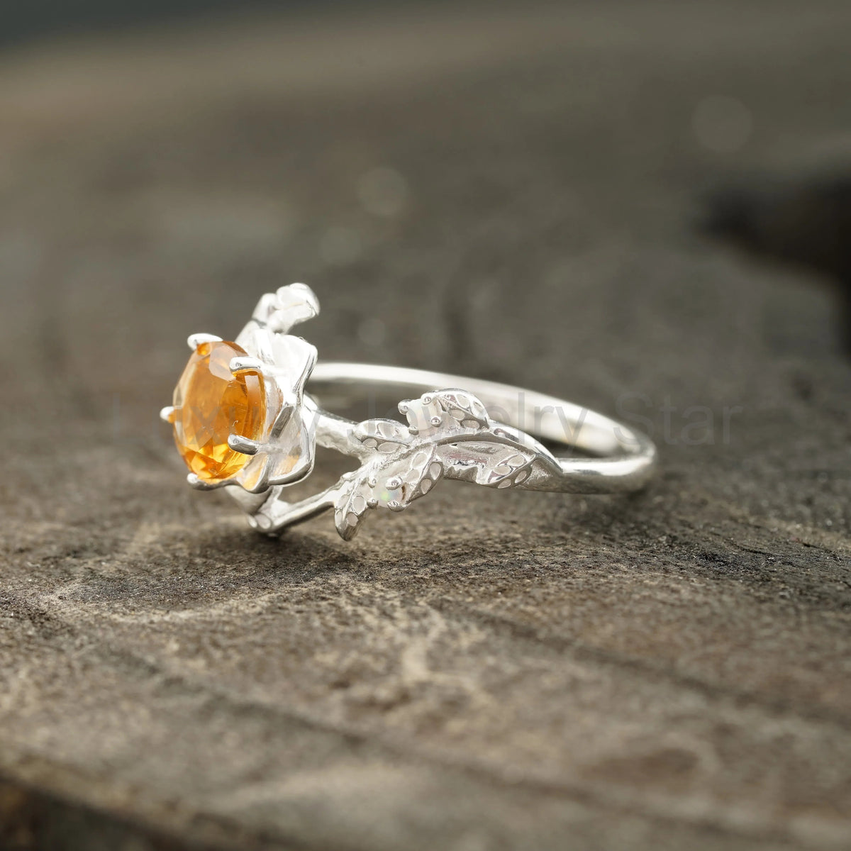 Round Citrine Leaf Engagement Ring | Nature-Inspired 925 Silver - image 4