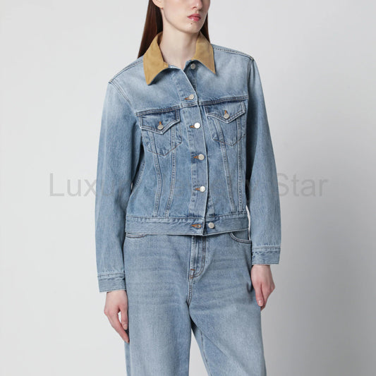 Róhe - Blue denim jacket with suede collar