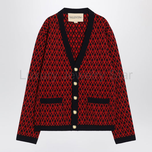 Valentino - Jacquard patterned cardigan Toute la V red/navy blue