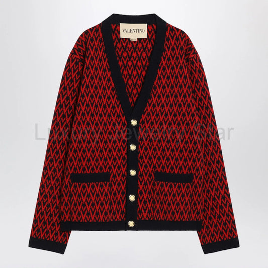 Valentino - Jacquard patterned cardigan Toute la V red/navy blue - image 2