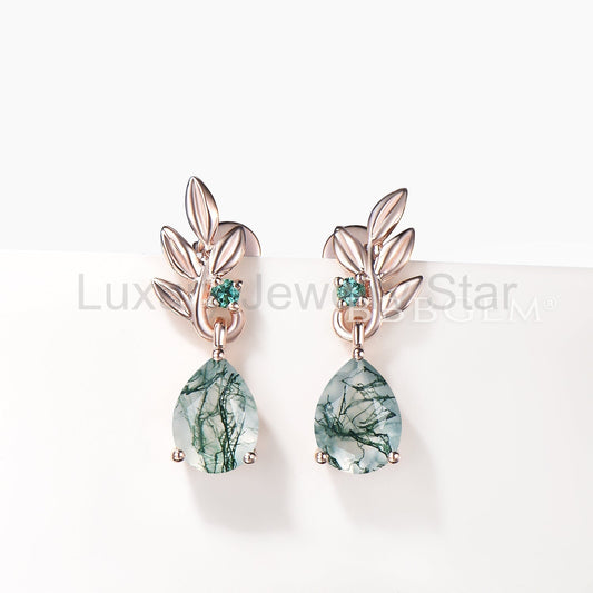 1.25CT Pear Cut Moss Agate Drop Earrings Emerald Leaf Nature Inspired Earrings