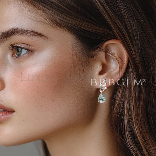 1.25CT Pear Cut Moss Agate Drop Earrings Emerald Leaf Nature Inspired Earrings - image 2