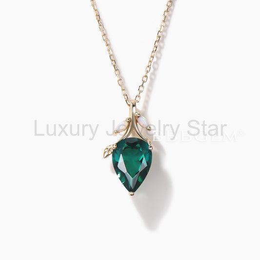 1.25CT Teardrop Cut Emerald Leaf Necklace White Opal Twig Wedding Pendant