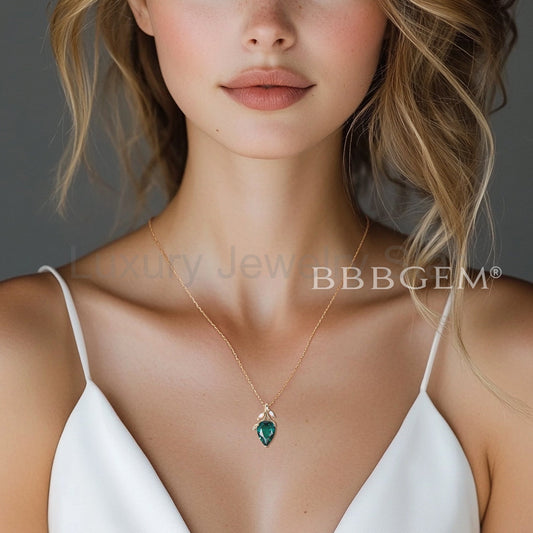1.25CT Teardrop Cut Emerald Leaf Necklace White Opal Twig Wedding Pendant - image 2