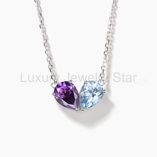 1.25CT Teardrop Cut Natural Aquamarine Amethyst Necklace Toi et Moi Pendant