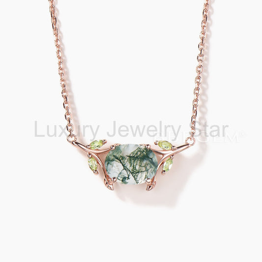 2CT Oval Cut Natural Moss Agate Wedding Necklace Peridot Twig Leaf Pendant